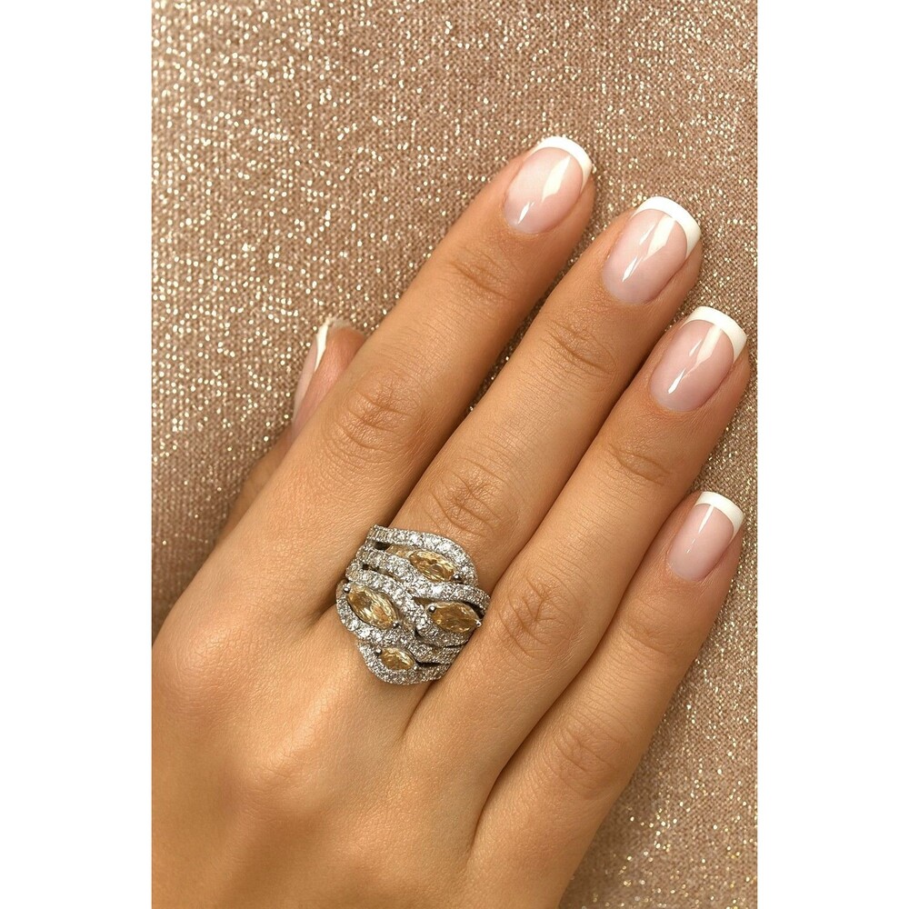 Silver Tone Wide Band Cocktail Ring Waves of Clear and Beige Tan Crystals Sz 9.5
